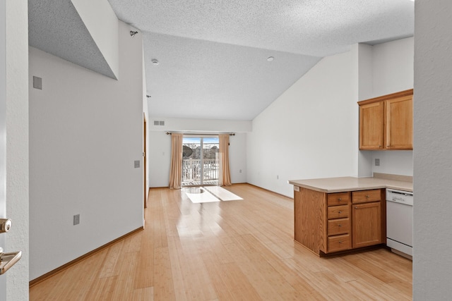 kitchen with lofted ceiling, light wood-type flooring, a textured ceiling, and white dishwasher