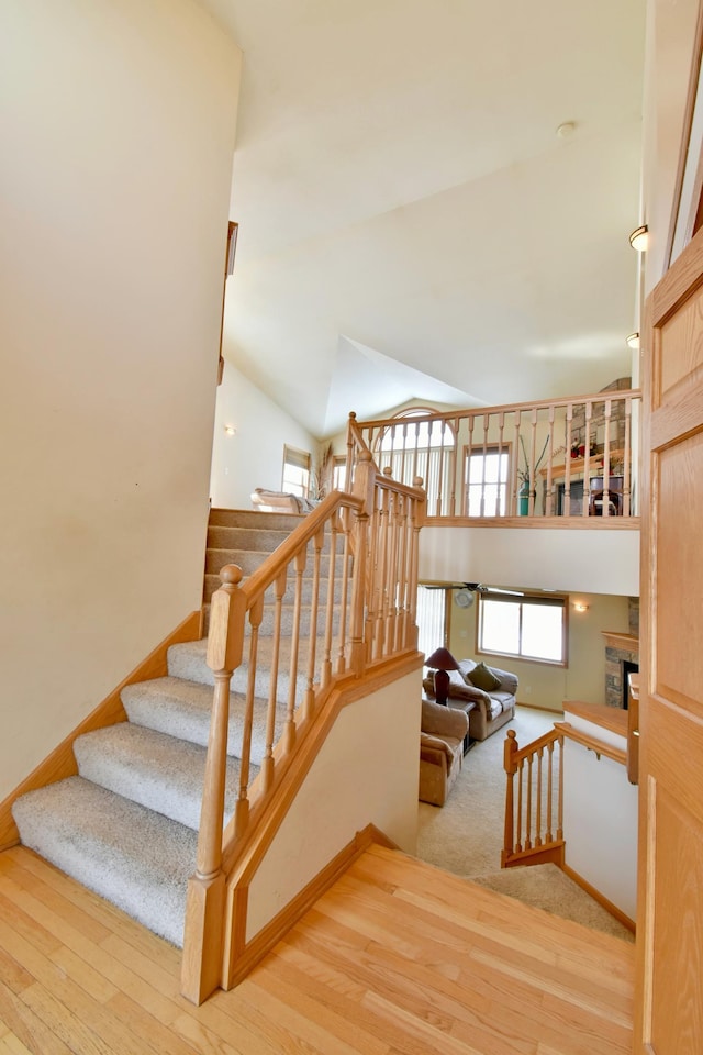 staircase featuring high vaulted ceiling and hardwood / wood-style floors