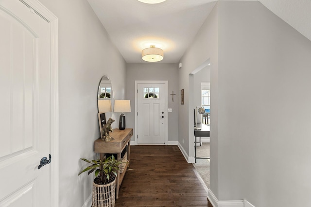 entrance foyer featuring baseboards and dark wood-style floors