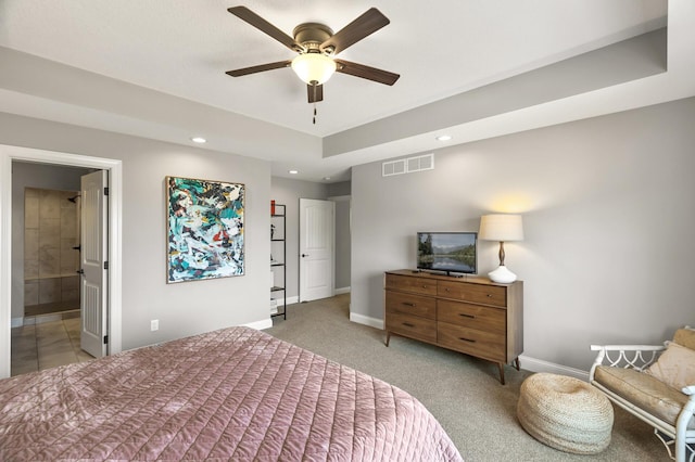 bedroom featuring recessed lighting, visible vents, light carpet, and baseboards