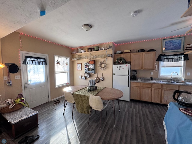 kitchen featuring dark wood-type flooring, light brown cabinetry, sink, a textured ceiling, and white fridge