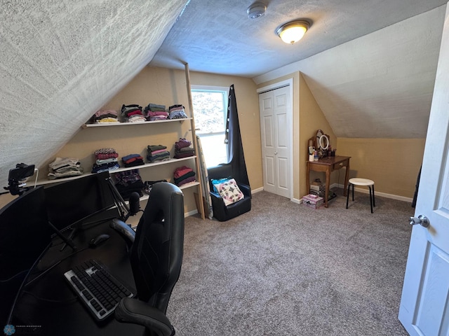 office with vaulted ceiling, a textured ceiling, and carpet flooring