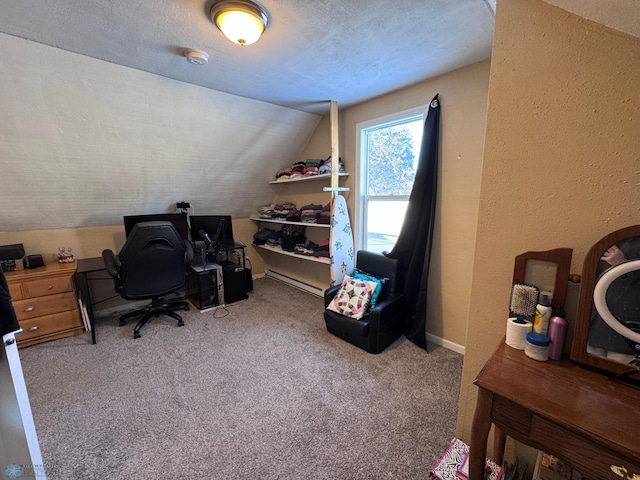 office with lofted ceiling, carpet floors, a textured ceiling, and baseboard heating