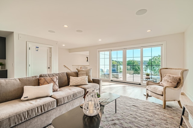 living room with light hardwood / wood-style flooring