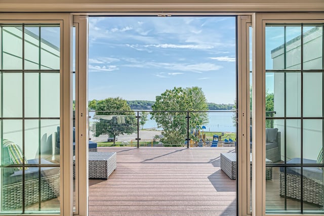 doorway featuring a water view