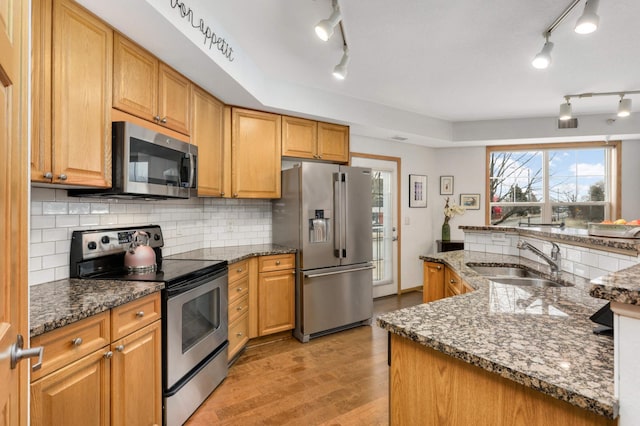 kitchen with stainless steel appliances, a sink, decorative backsplash, dark stone counters, and light wood finished floors