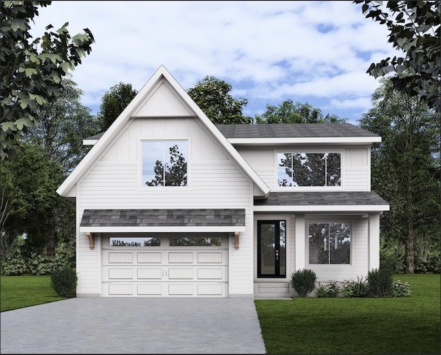 modern farmhouse style home with a garage, driveway, board and batten siding, and a front yard