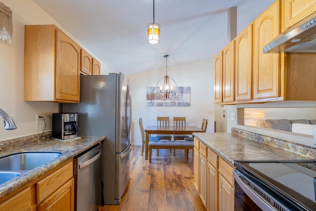 kitchen featuring dishwasher, dark wood-style floors, vaulted ceiling, under cabinet range hood, and a sink