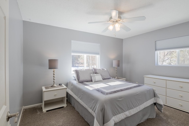 bedroom featuring carpet floors, multiple windows, a ceiling fan, and baseboards