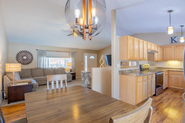 2955 Saint Onge Dr NE, Bemidji, MN 56601 - kitchen featuring stainless steel electric range oven, light brown cabinetry, vaulted ceiling, under cabinet range hood, and open floor plan