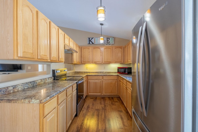 2955 Saint Onge Dr NE, Bemidji, MN 56601 - kitchen featuring appliances with stainless steel finishes, light brown cabinets, vaulted ceiling, and dark wood-type flooring