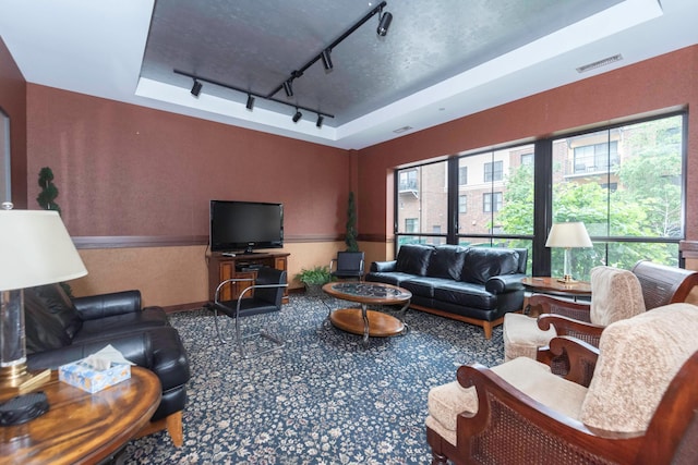 living room featuring track lighting, a raised ceiling, and carpet floors