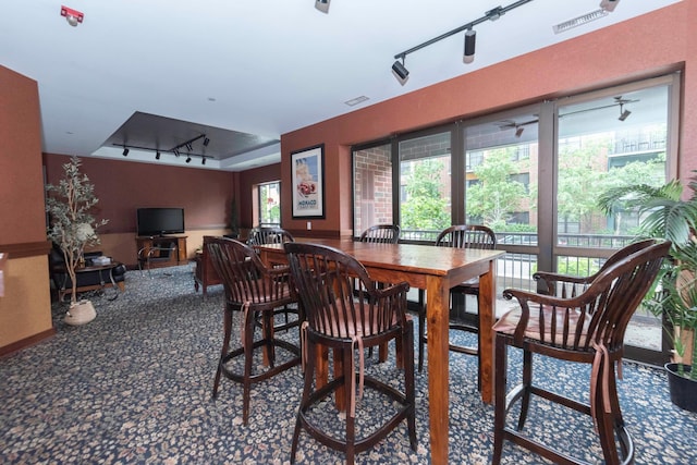 carpeted dining room with rail lighting