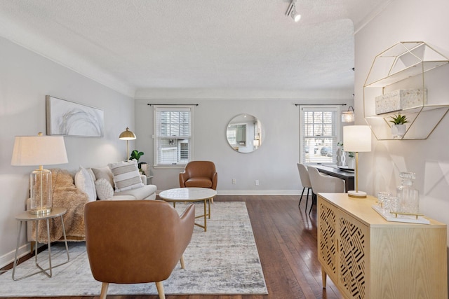 living area featuring dark wood-type flooring, baseboards, and a textured ceiling