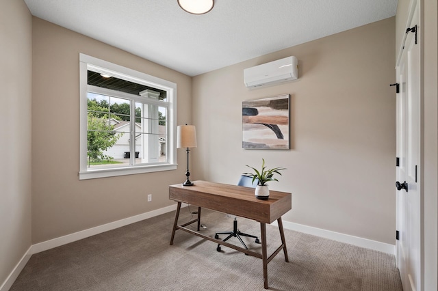 carpeted home office featuring a wall unit AC