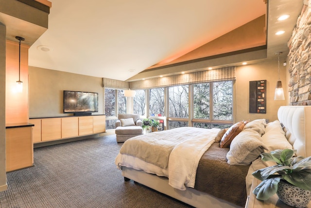 carpeted bedroom featuring vaulted ceiling, multiple windows, and recessed lighting