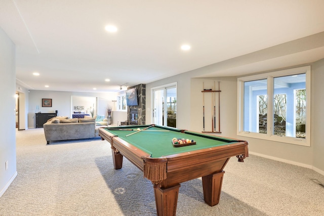 playroom with carpet floors, billiards, baseboards, and recessed lighting