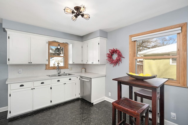 kitchen with a sink, plenty of natural light, white cabinets, and stainless steel dishwasher