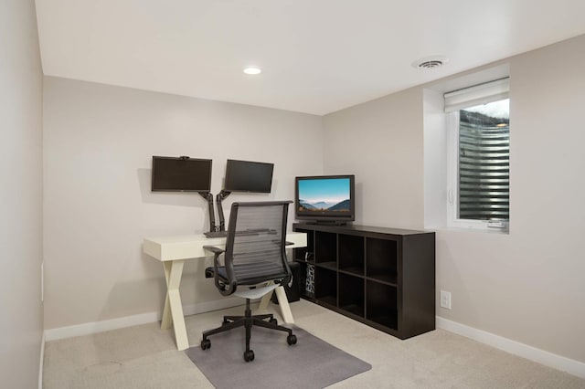 carpeted office space featuring visible vents, baseboards, and recessed lighting