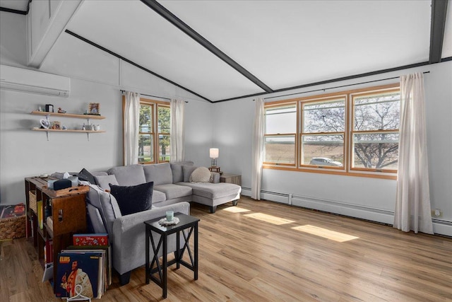 living room featuring vaulted ceiling with beams, baseboard heating, an AC wall unit, and light wood finished floors
