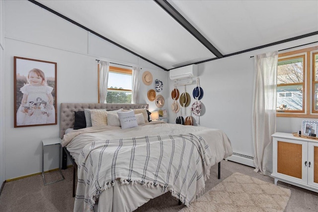 bedroom featuring a wall mounted AC, vaulted ceiling, baseboards, a baseboard heating unit, and carpet flooring