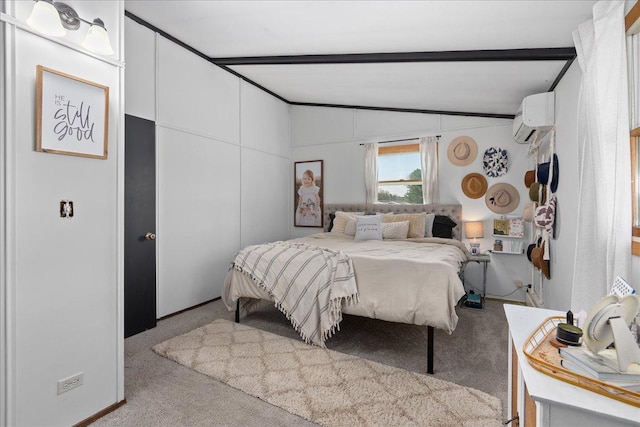 bedroom with a closet, vaulted ceiling with beams, a wall mounted AC, and carpet flooring
