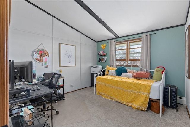 bedroom featuring carpet floors, baseboards, a baseboard heating unit, and lofted ceiling