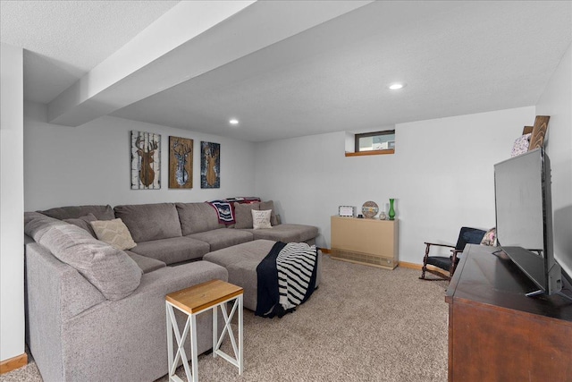 living area with light colored carpet, recessed lighting, and baseboards