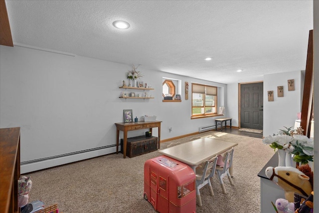 carpeted living room featuring recessed lighting, a textured ceiling, a baseboard heating unit, and a baseboard radiator