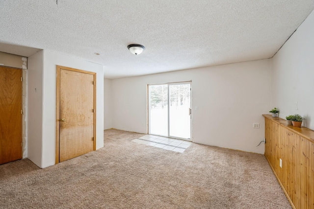 empty room with light carpet and a textured ceiling