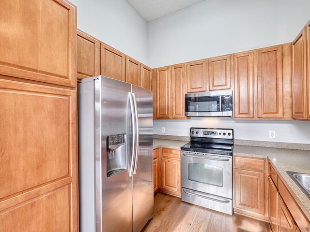 kitchen with stainless steel appliances and light wood-type flooring