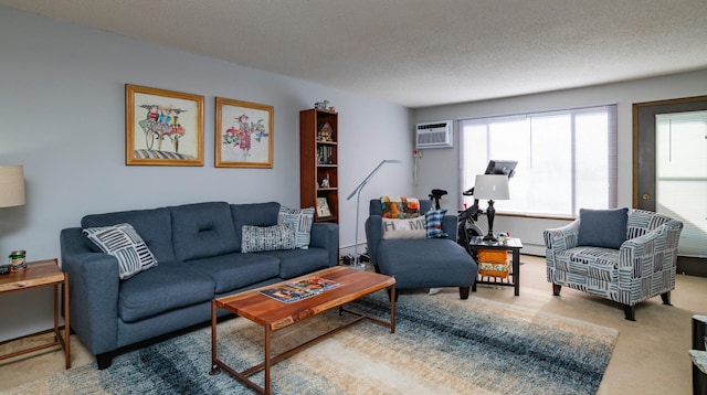 carpeted living area with a textured ceiling, an AC wall unit, a baseboard heating unit, and a healthy amount of sunlight