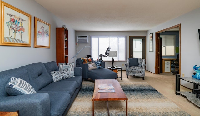 carpeted living room with an AC wall unit