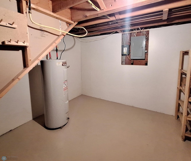 unfinished below grade area featuring electric panel and water heater