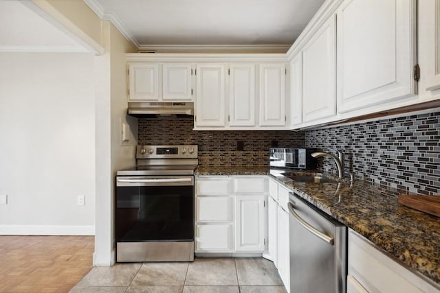 kitchen with under cabinet range hood, stainless steel appliances, a sink, ornamental molding, and backsplash