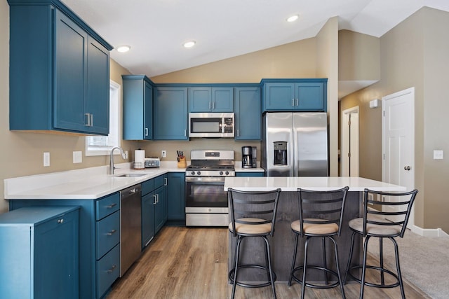 kitchen featuring appliances with stainless steel finishes, blue cabinets, sink, and a kitchen island