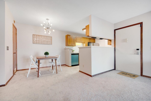 kitchen featuring dishwashing machine, a notable chandelier, light colored carpet, baseboards, and fridge