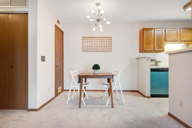 dining area with baseboards, visible vents, a notable chandelier, and light colored carpet