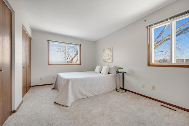 bedroom with carpet floors, baseboards, visible vents, and a closet