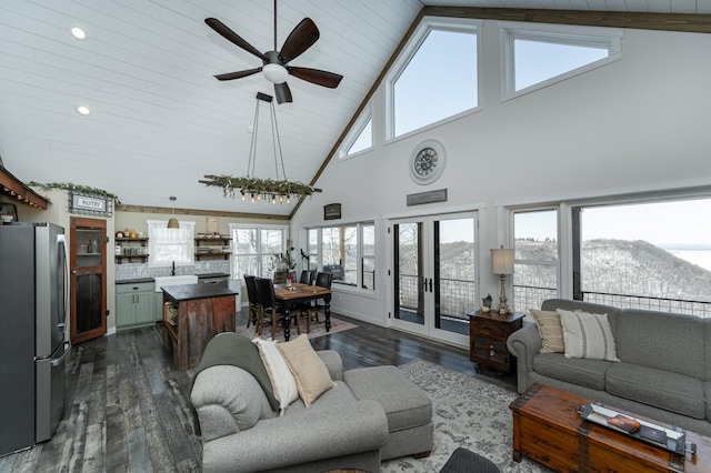 living area featuring a ceiling fan, high vaulted ceiling, dark wood finished floors, and wood ceiling