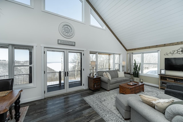 living room featuring high vaulted ceiling, baseboards, french doors, and dark wood-style floors