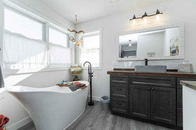 bathroom featuring vanity, a freestanding tub, wood finished floors, baseboards, and tasteful backsplash