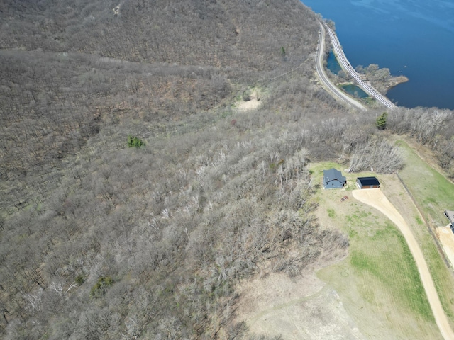 drone / aerial view featuring a water view