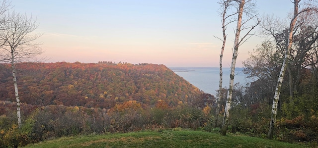 property view of mountains featuring a water view and a wooded view