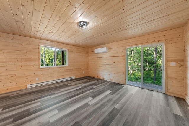 unfurnished room with a wall mounted AC, wooden ceiling, wooden walls, hardwood / wood-style flooring, and a baseboard heating unit