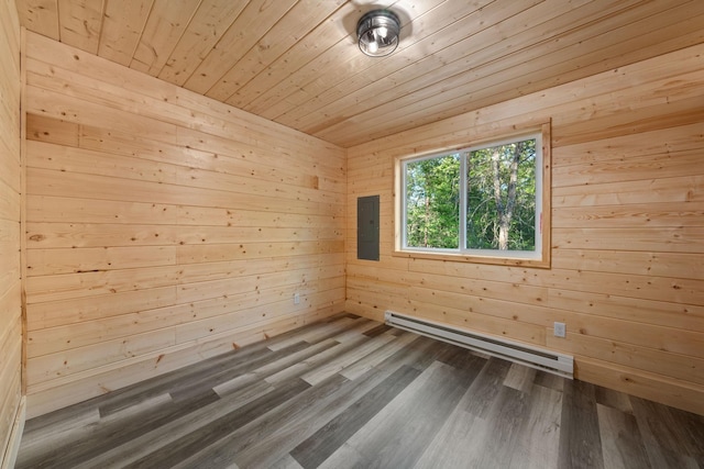 unfurnished room with dark hardwood / wood-style floors, wooden walls, a baseboard radiator, electric panel, and wood ceiling