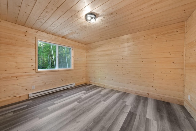 spare room featuring wood-type flooring, wooden ceiling, baseboard heating, and wood walls