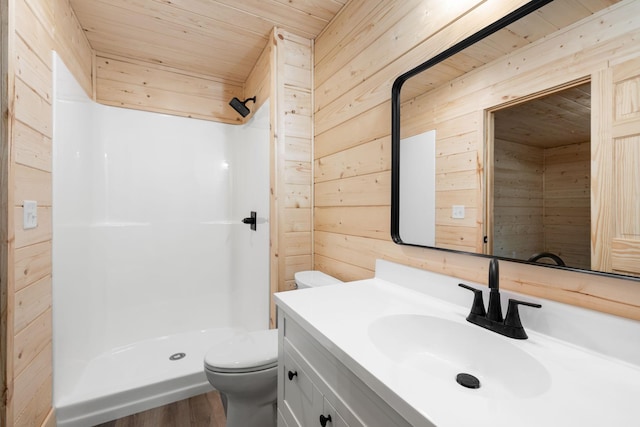 bathroom featuring walk in shower, toilet, wood ceiling, and wood walls