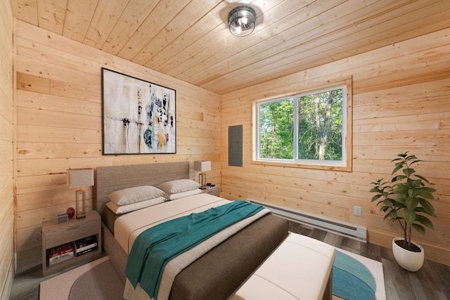 bedroom featuring wood ceiling, electric panel, and wood walls