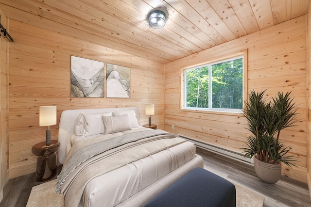 bedroom featuring wood ceiling, hardwood / wood-style flooring, and wood walls